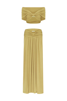 V-Neck Drop Shoulder Twist Detail Top & Draped Ruched Maxi Skirt