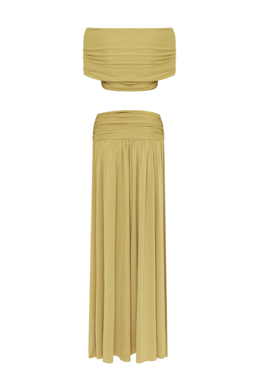 V-Neck Drop Shoulder Twist Detail Top & Draped Ruched Maxi Skirt