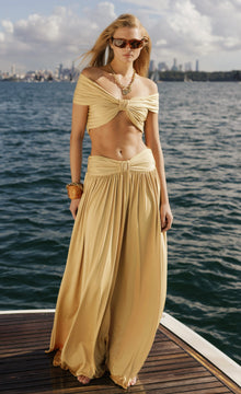 V-Neck Drop Shoulder Twist Detail Top & Draped Ruched Maxi Skirt