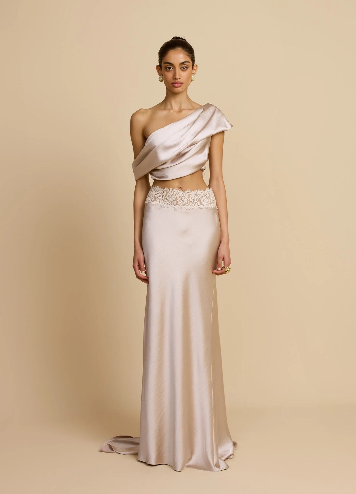 Satin Draped Asymmetric Neckline Top & Lace Panel Midi Skirt Set