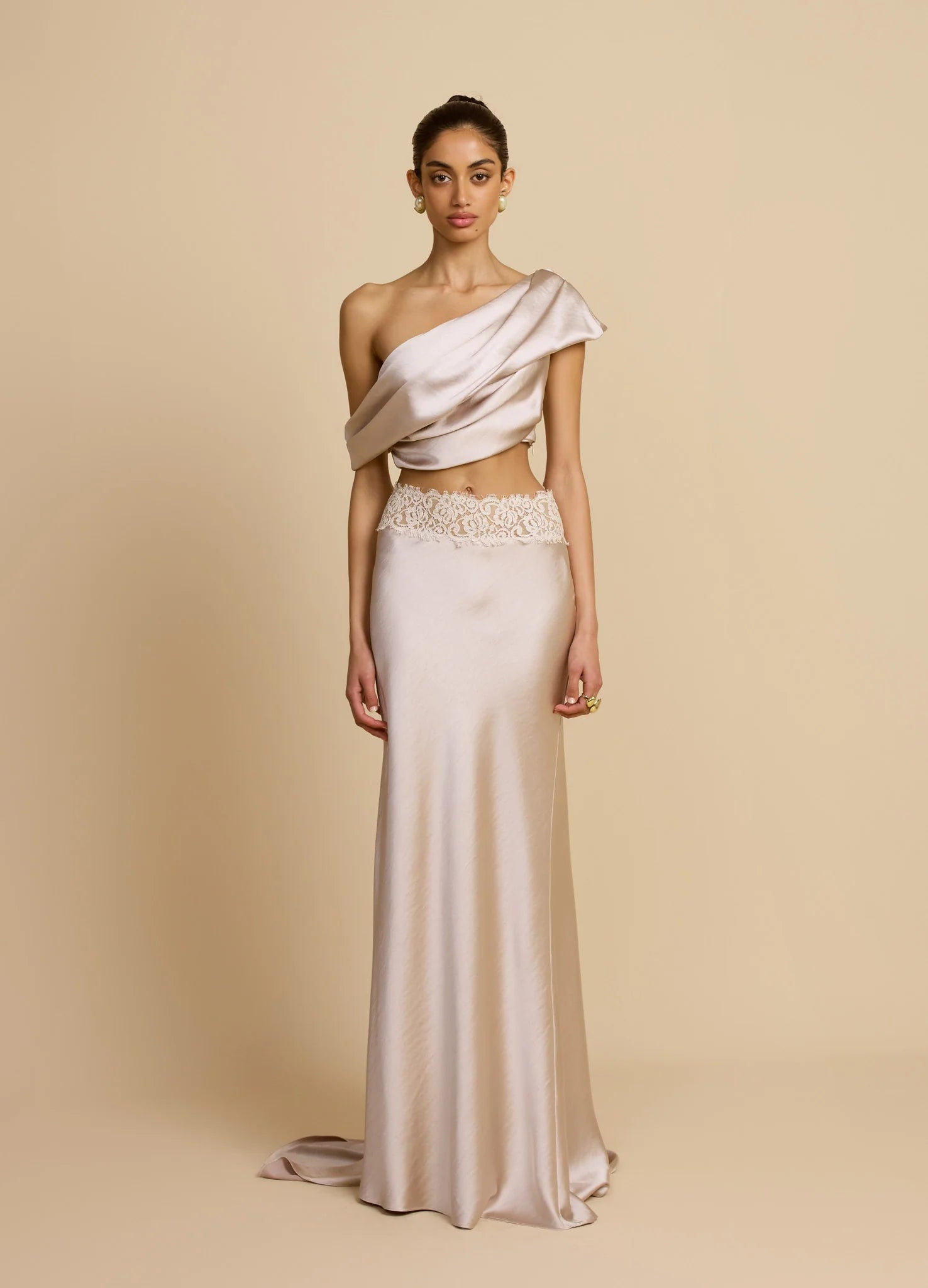 Satin Draped Asymmetric Neckline Top & Lace Panel Midi Skirt Set
