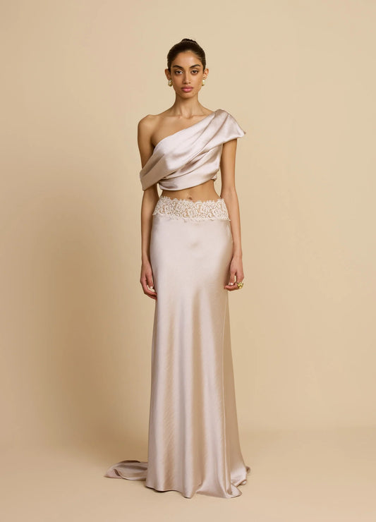 Satin Draped Asymmetric Neckline Top & Lace Panel Midi Skirt Set