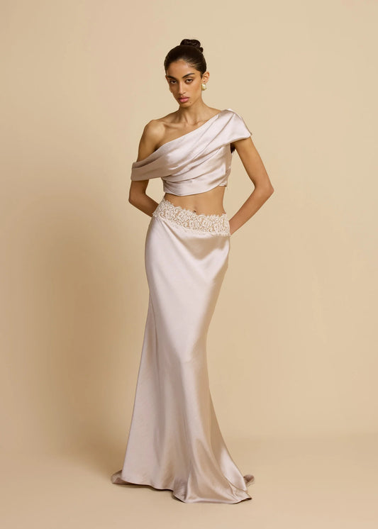 Satin Draped Asymmetric Neckline Top & Lace Panel Midi Skirt Set