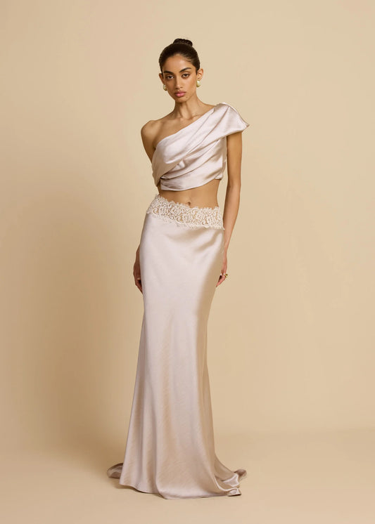 Satin Draped Asymmetric Neckline Top & Lace Panel Midi Skirt Set