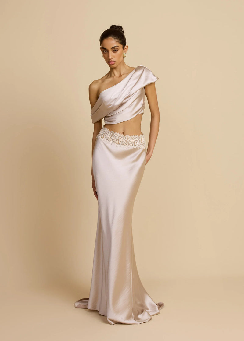 Satin Draped Asymmetric Neckline Top & Lace Panel Midi Skirt Set