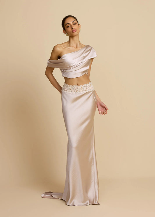 Satin Draped Asymmetric Neckline Top & Lace Panel Midi Skirt Set