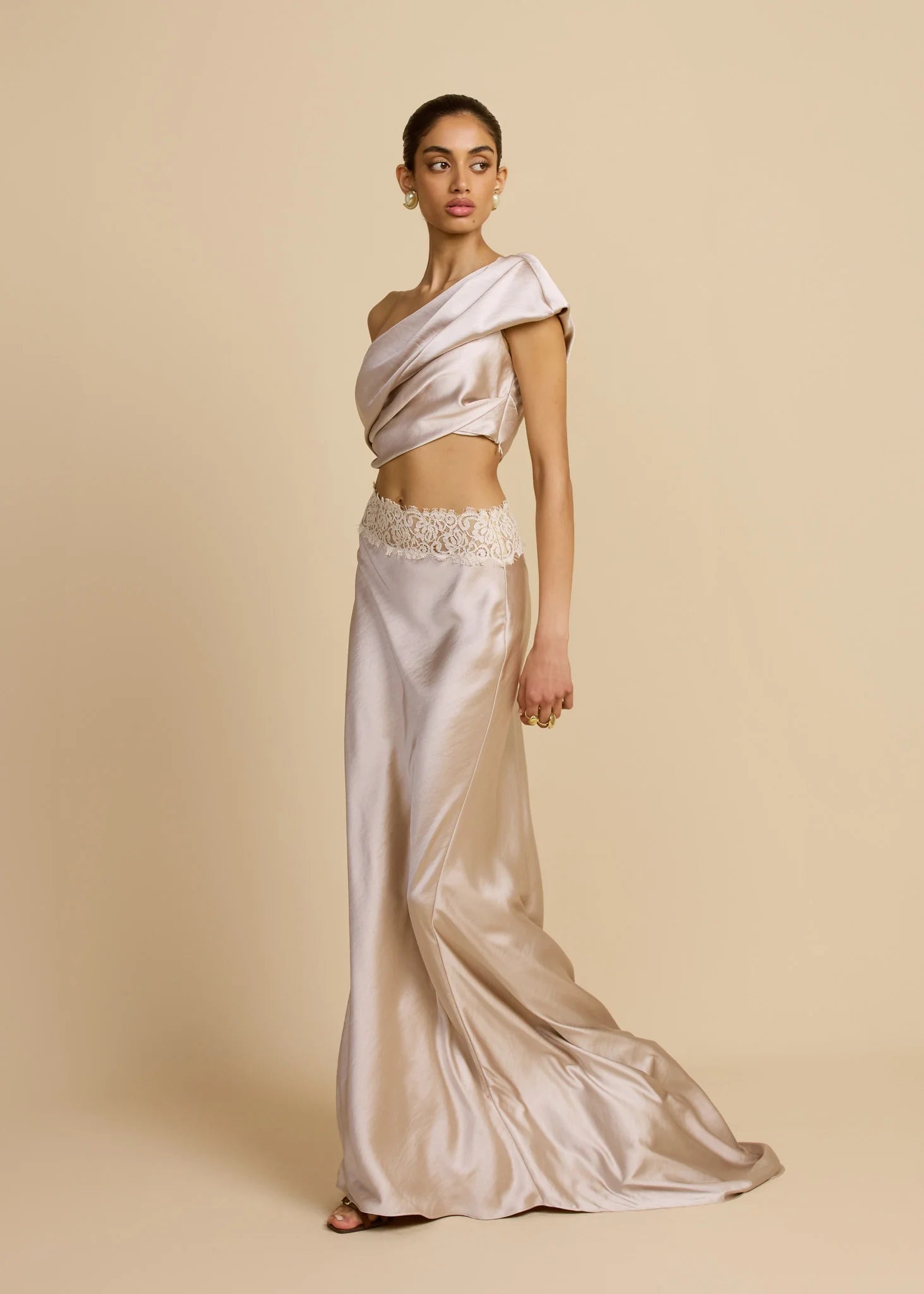 Satin Draped Asymmetric Neckline Top & Lace Panel Midi Skirt Set