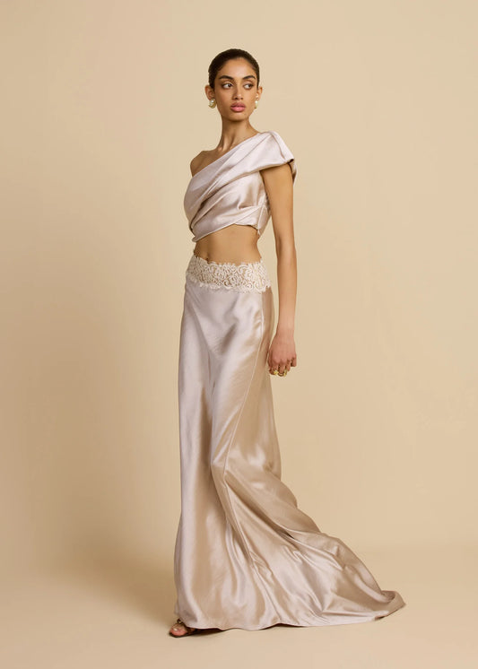 Satin Draped Asymmetric Neckline Top & Lace Panel Midi Skirt Set
