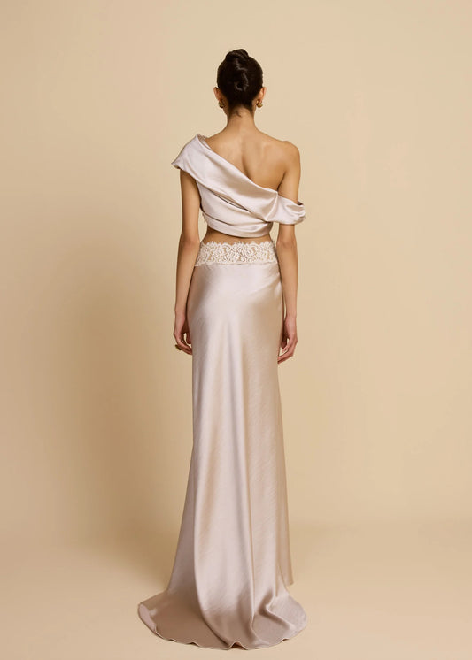 Satin Draped Asymmetric Neckline Top & Lace Panel Midi Skirt Set