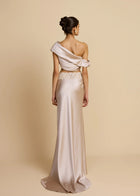 Satin Draped Asymmetric Neckline Top & Lace Panel Midi Skirt Set
