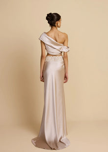 Satin Draped Asymmetric Neckline Top & Lace Panel Midi Skirt Set