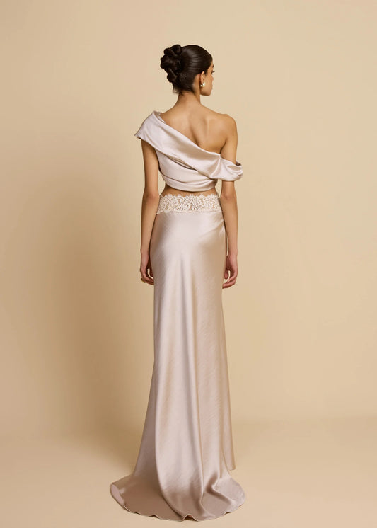 Satin Draped Asymmetric Neckline Top & Lace Panel Midi Skirt Set