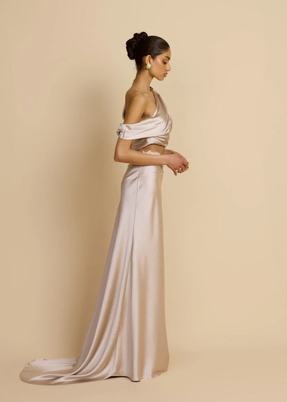 Satin Draped Asymmetric Neckline Top & Lace Panel Midi Skirt Set