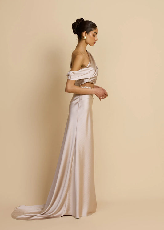 Satin Draped Asymmetric Neckline Top & Lace Panel Midi Skirt Set
