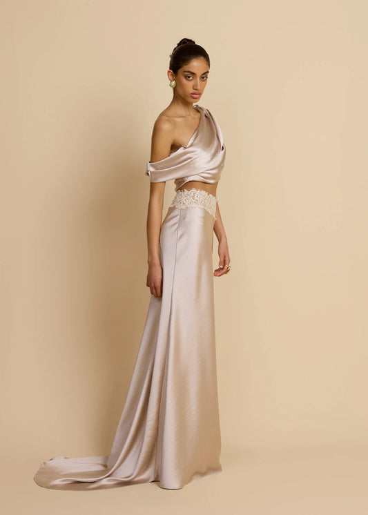 Satin Draped Asymmetric Neckline Top & Lace Panel Midi Skirt Set