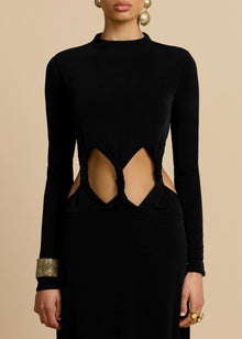 Greek Goddess Style Mock Neck Twist-Knot  Waist Cut-Out Long-Sleeve Bodycon Dress