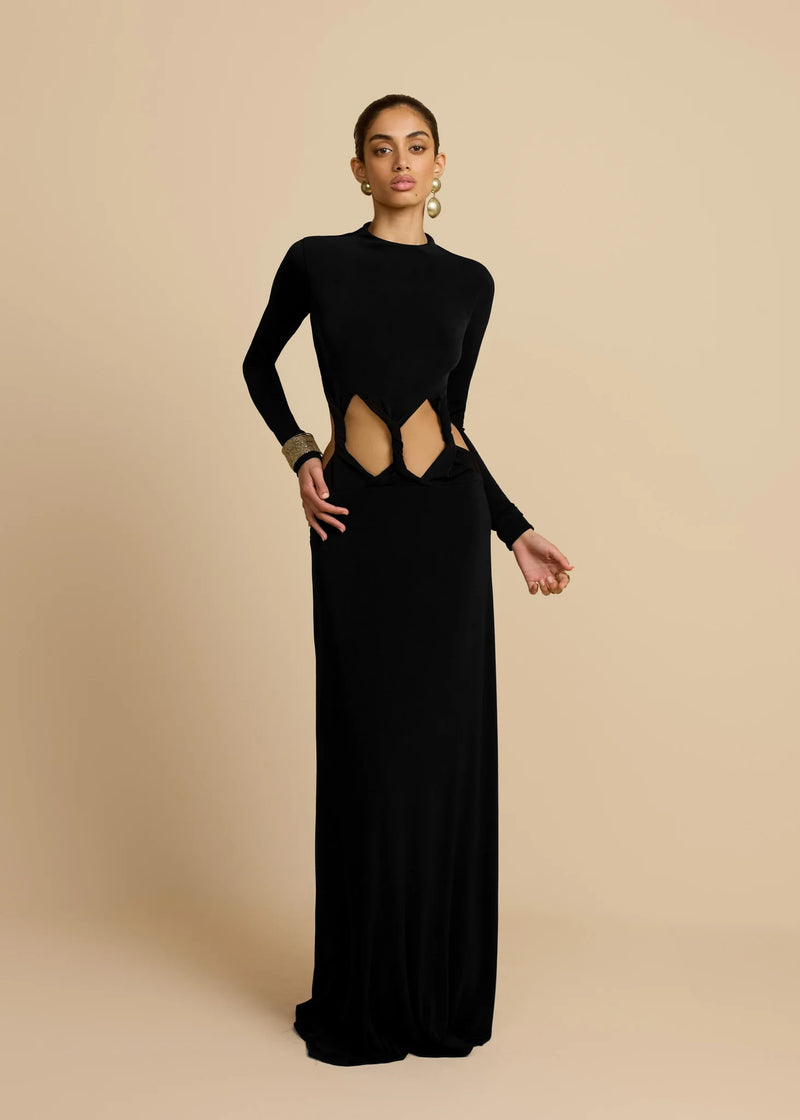 Greek Goddess Style Mock Neck Twist-Knot  Waist Cut-Out Long-Sleeve Bodycon Dress