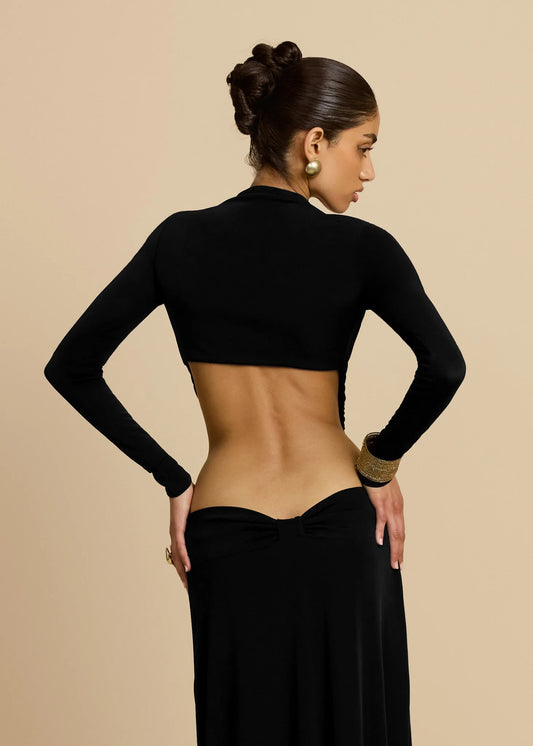 Greek Goddess Style Mock Neck Twist-Knot  Waist Cut-Out Long-Sleeve Bodycon Dress
