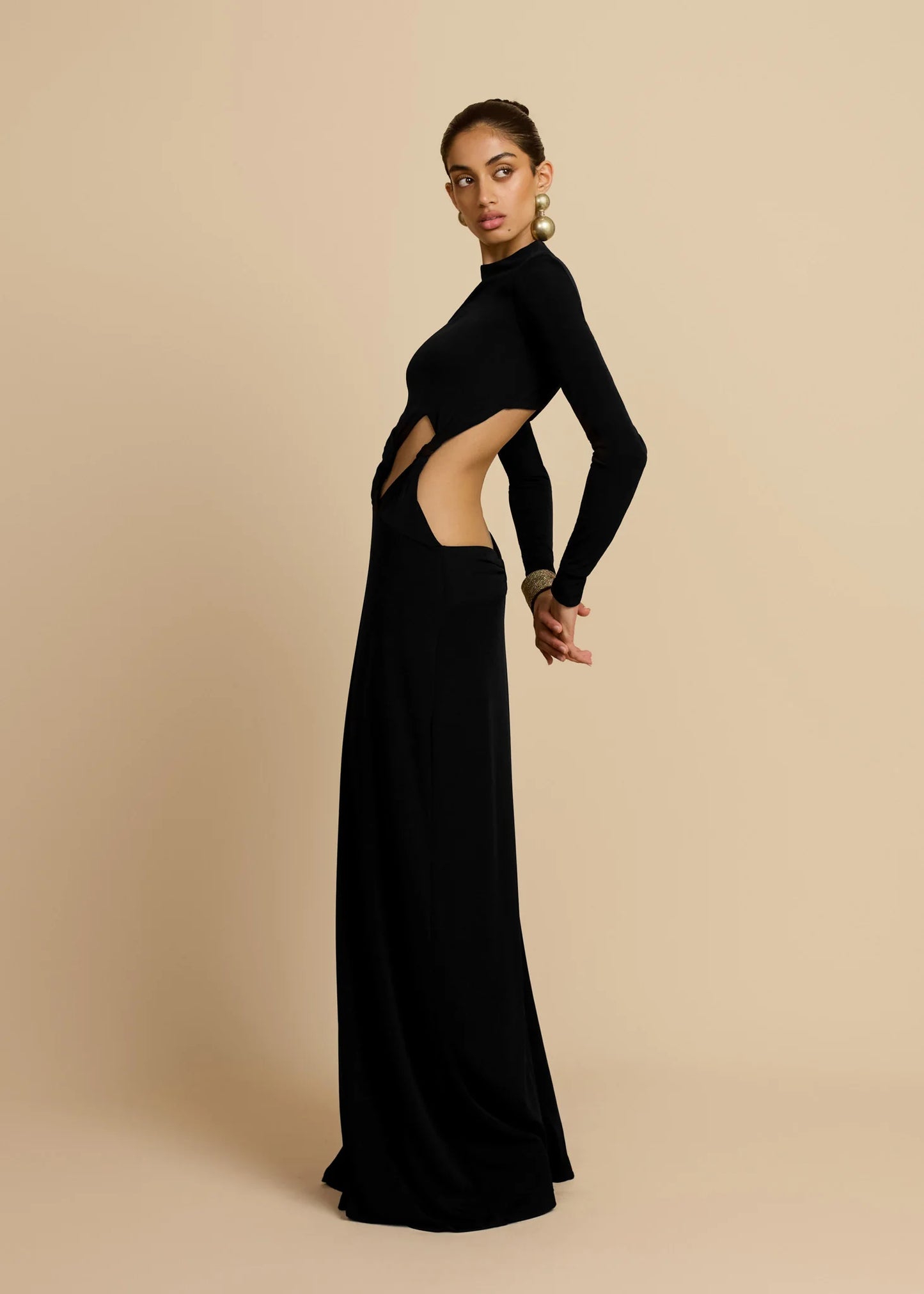 Greek Goddess Style Mock Neck Twist-Knot  Waist Cut-Out Long-Sleeve Bodycon Dress