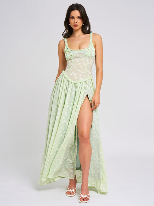Ulissa Square Neck Jacquard Textured High Slit Maxi Dress
