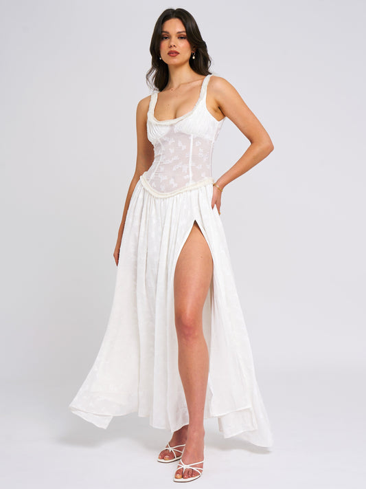 Ulissa Square Neck Jacquard Textured High Slit Maxi Dress