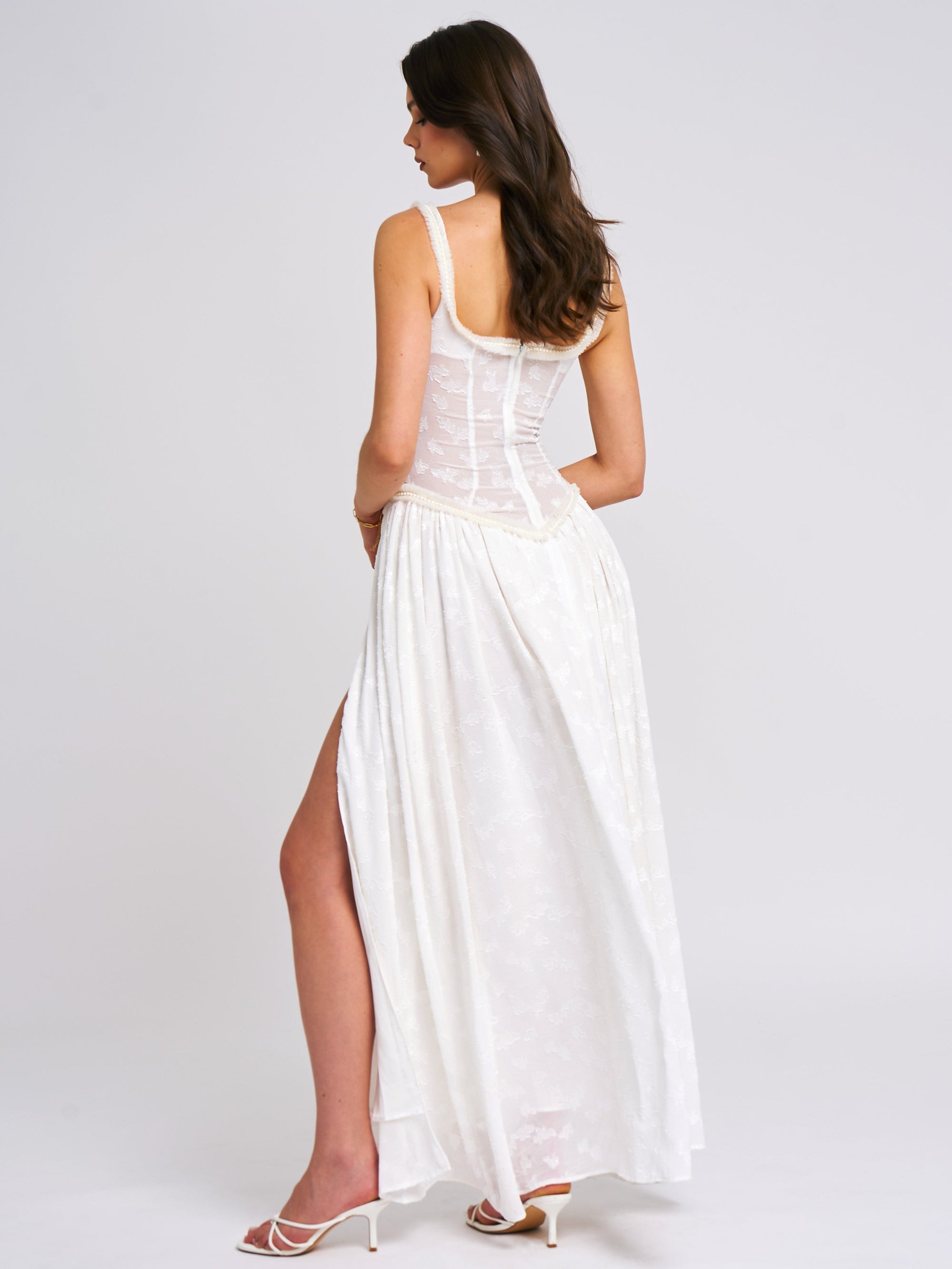 Ulissa Square Neck Jacquard Textured High Slit Maxi Dress