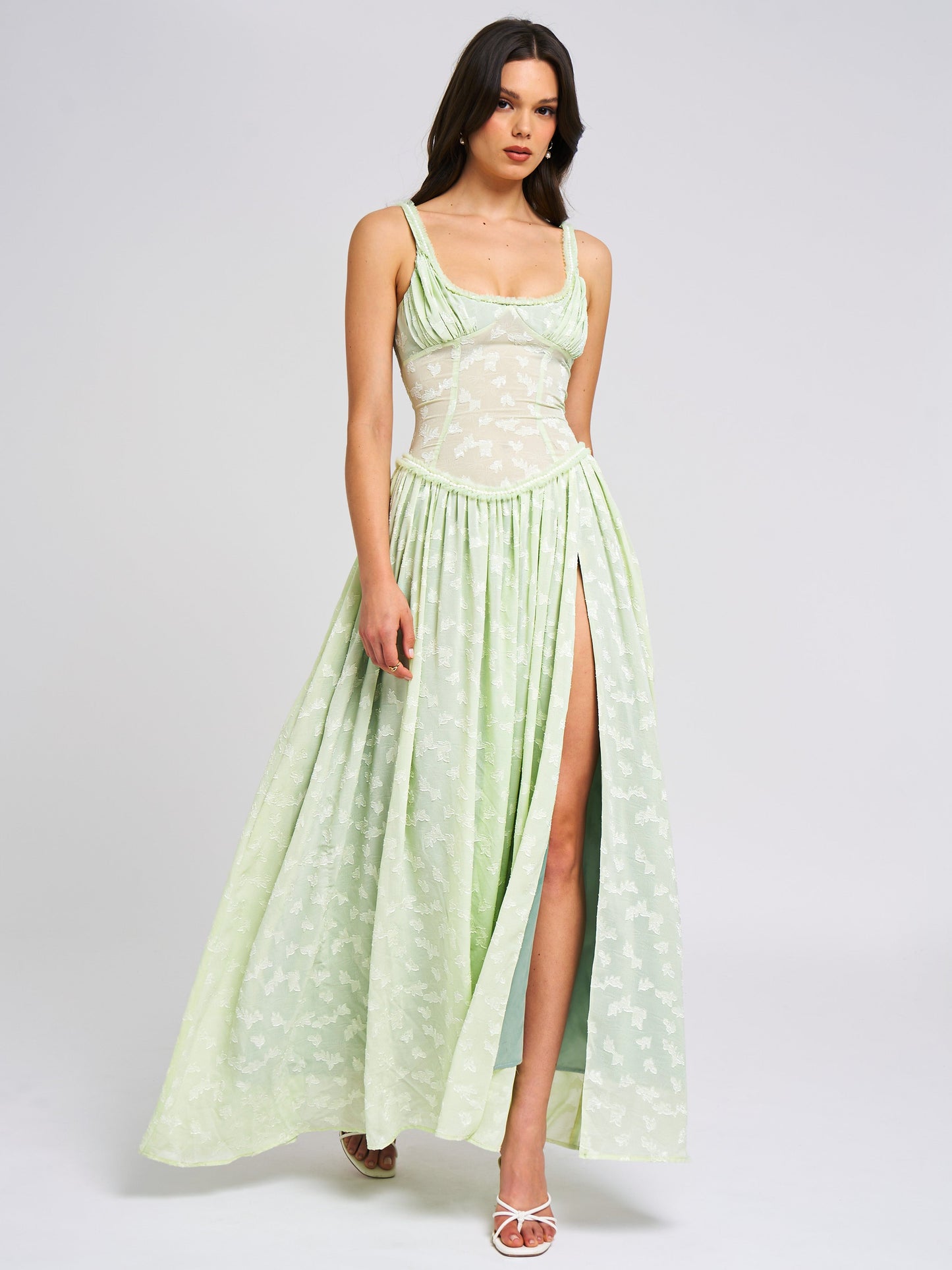 Ulissa Square Neck Jacquard Textured High Slit Maxi Dress