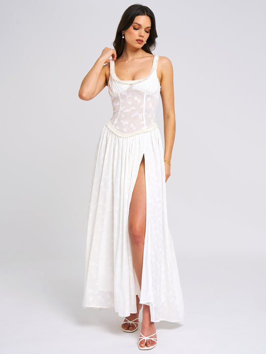 Ulissa Square Neck Jacquard Textured High Slit Maxi Dress