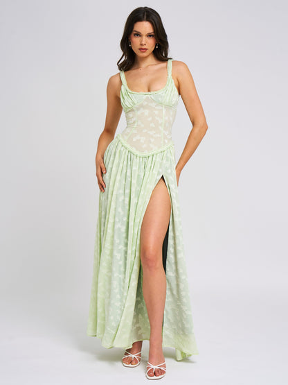 Ulissa Square Neck Jacquard Textured High Slit Maxi Dress
