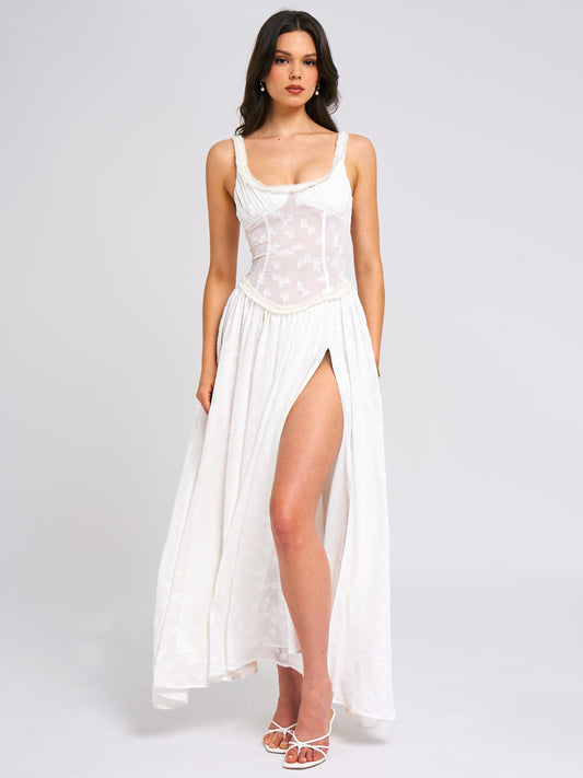 Ulissa Square Neck Jacquard Textured High Slit Maxi Dress