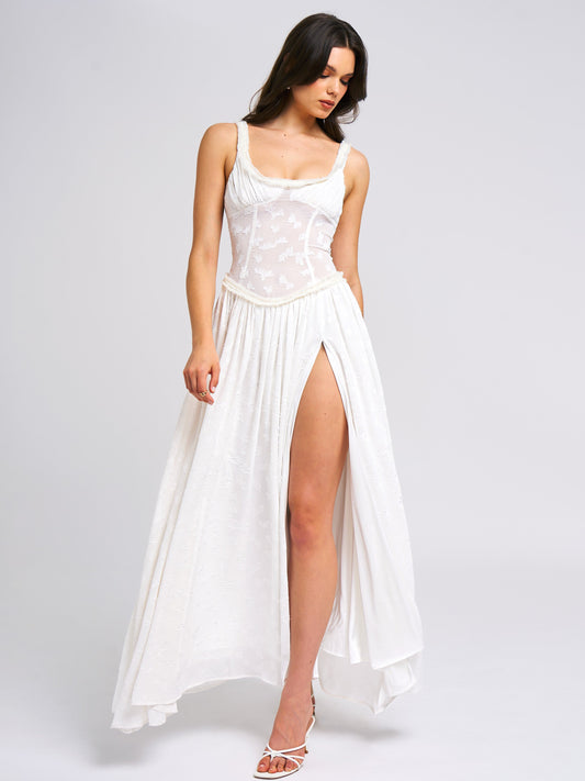 Ulissa Square Neck Jacquard Textured High Slit Maxi Dress