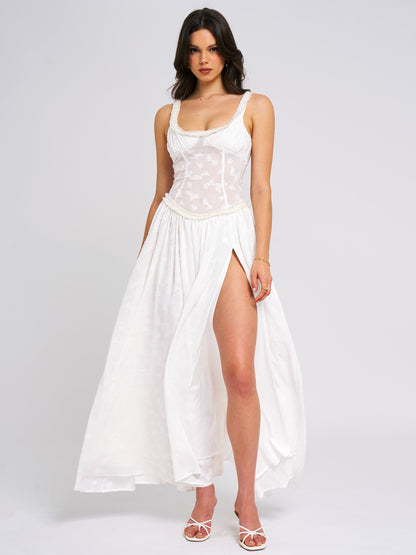 Ulissa Square Neck Jacquard Textured High Slit Maxi Dress
