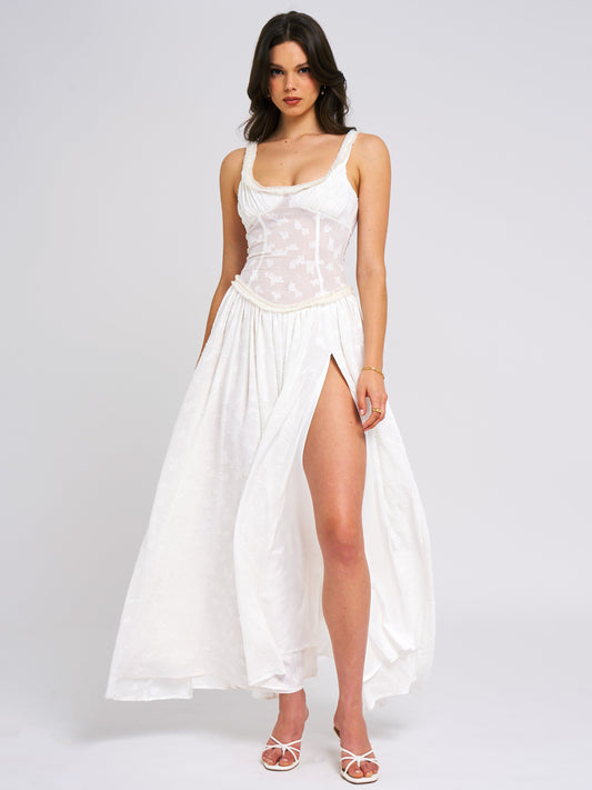 Ulissa Square Neck Jacquard Textured High Slit Maxi Dress
