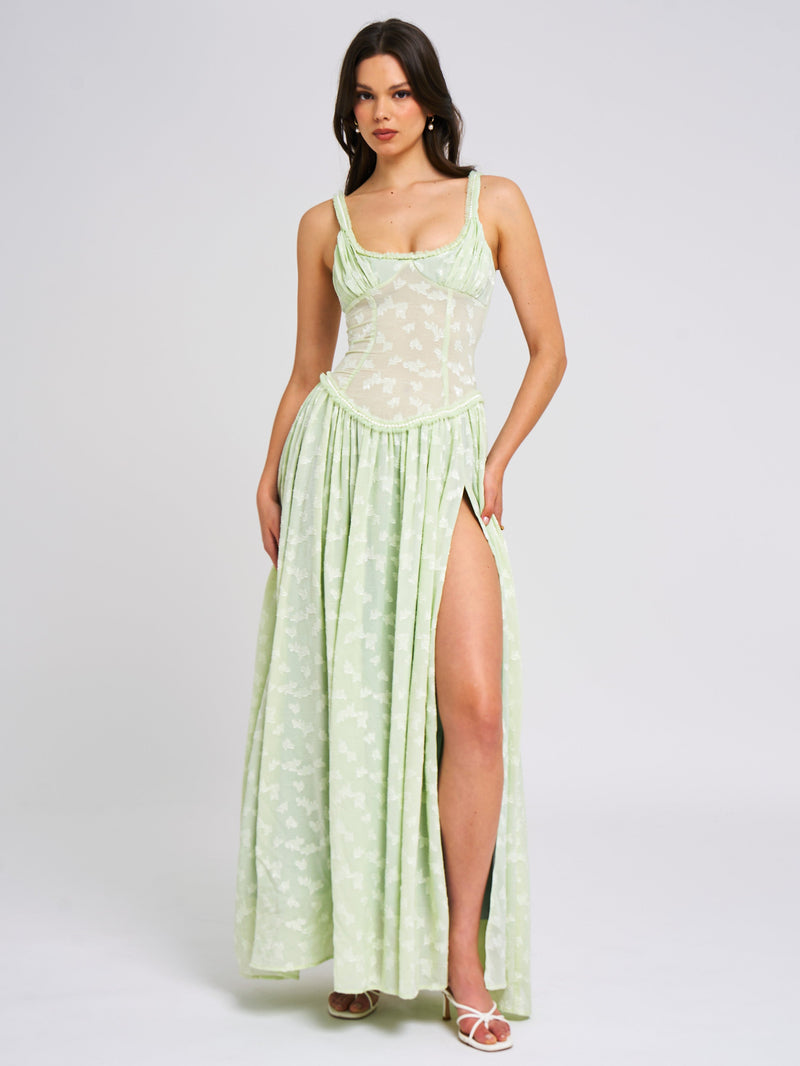Ulissa Square Neck Jacquard Textured High Slit Maxi Dress