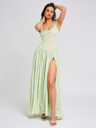 Ulissa Square Neck Jacquard Textured High Slit Maxi Dress