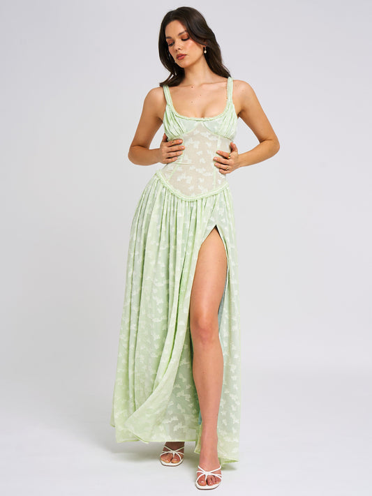 Ulissa Square Neck Jacquard Textured High Slit Maxi Dress