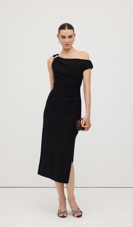 Asymmetric Metallic Midi Dress