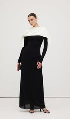 Asymmetrical Draped Shoulder Pleat Maxi Dress