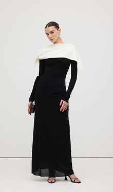 Asymmetrical Draped Shoulder Pleat Maxi Dress
