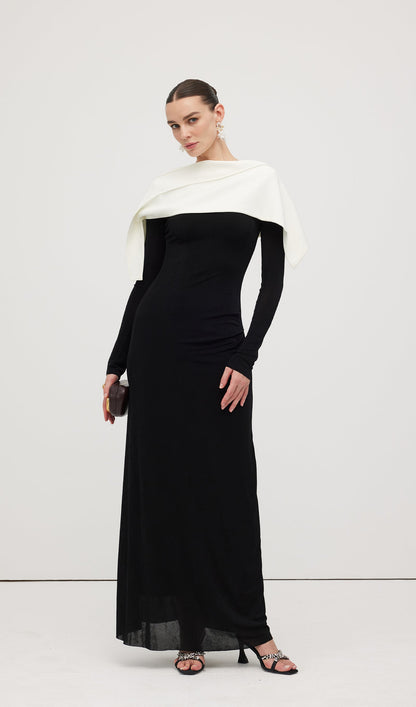 Asymmetrical Draped Shoulder Pleat Maxi Dress