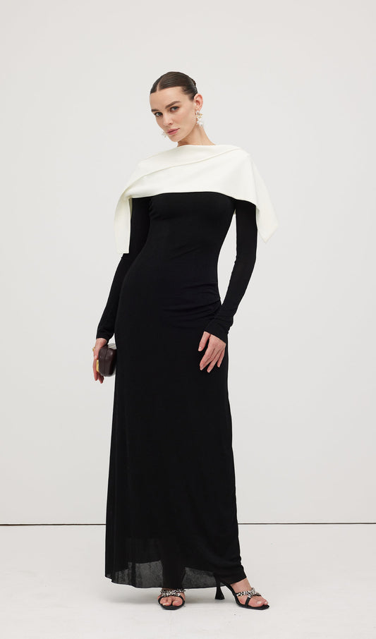 Asymmetrical Draped Shoulder Pleat Maxi Dress