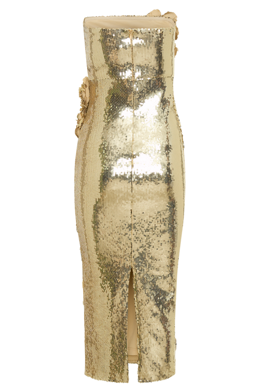 Cassia Strapless Sequin Rose Midi Dress