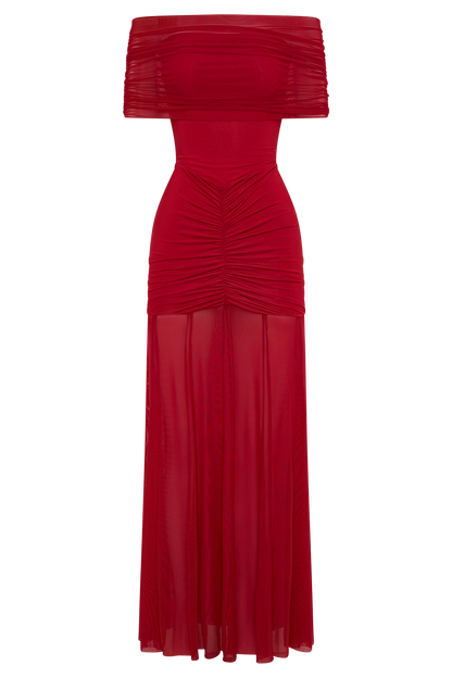 Caspian Slinky And Mesh Off Shoulder Maxi Dress