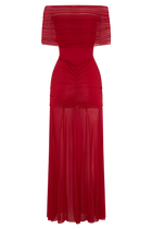 Caspian Slinky And Mesh Off Shoulder Maxi Dress