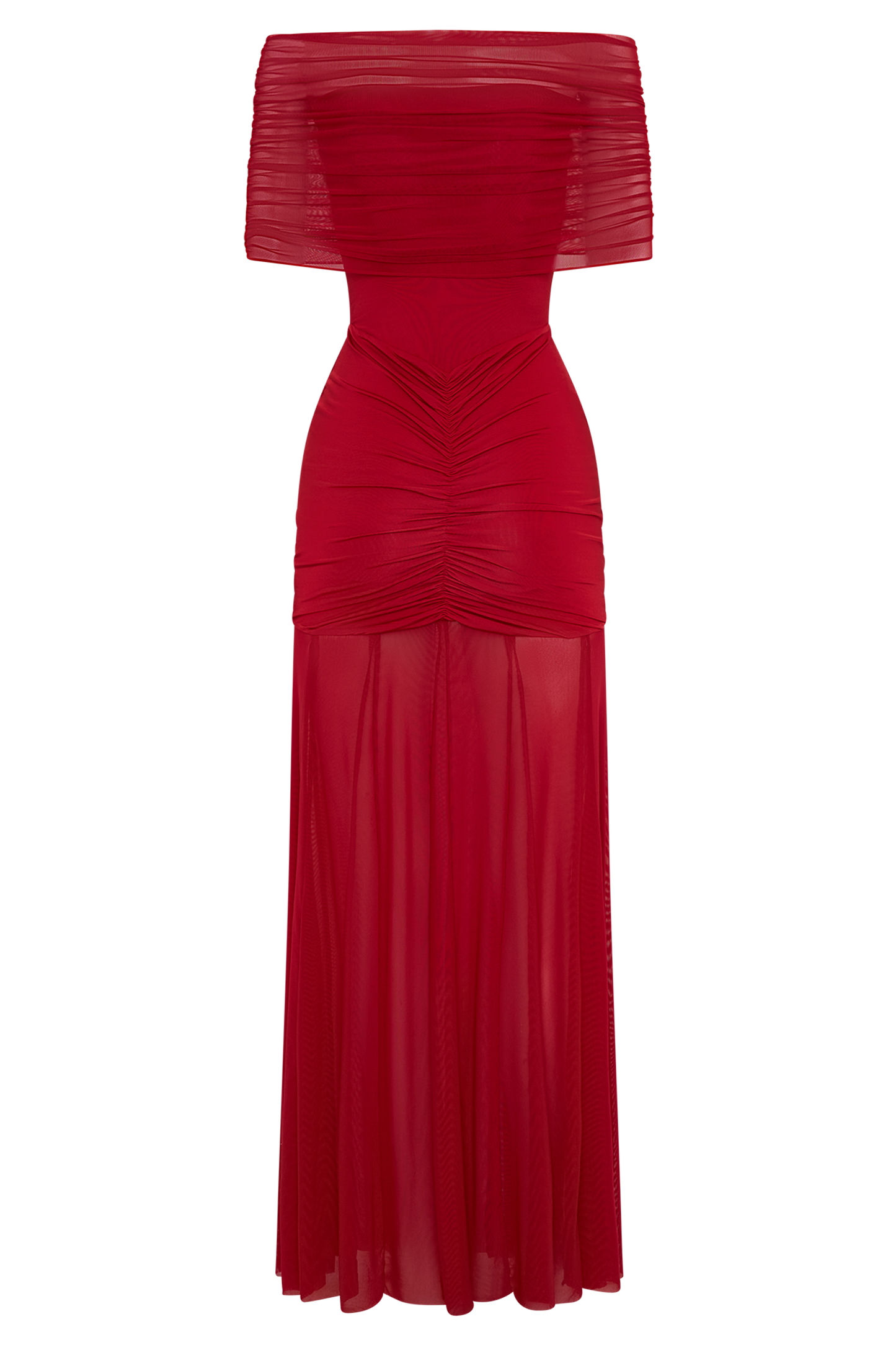 Caspian Slinky And Mesh Off Shoulder Maxi Dress
