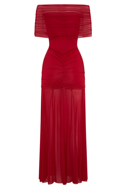 Caspian Slinky And Mesh Off Shoulder Maxi Dress