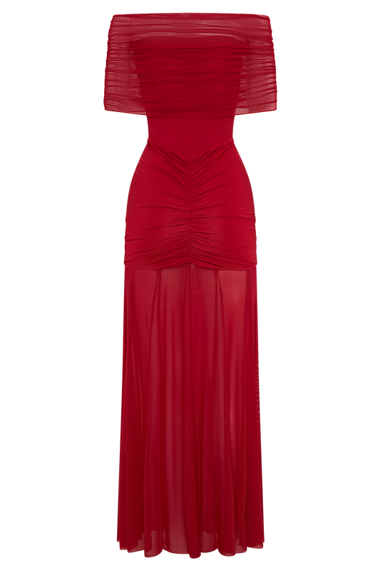 Caspian Slinky And Mesh Off Shoulder Maxi Dress