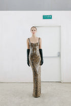 Two-Piece Sequin Leopard Spaghetti Strap Dress with Pullover Cape