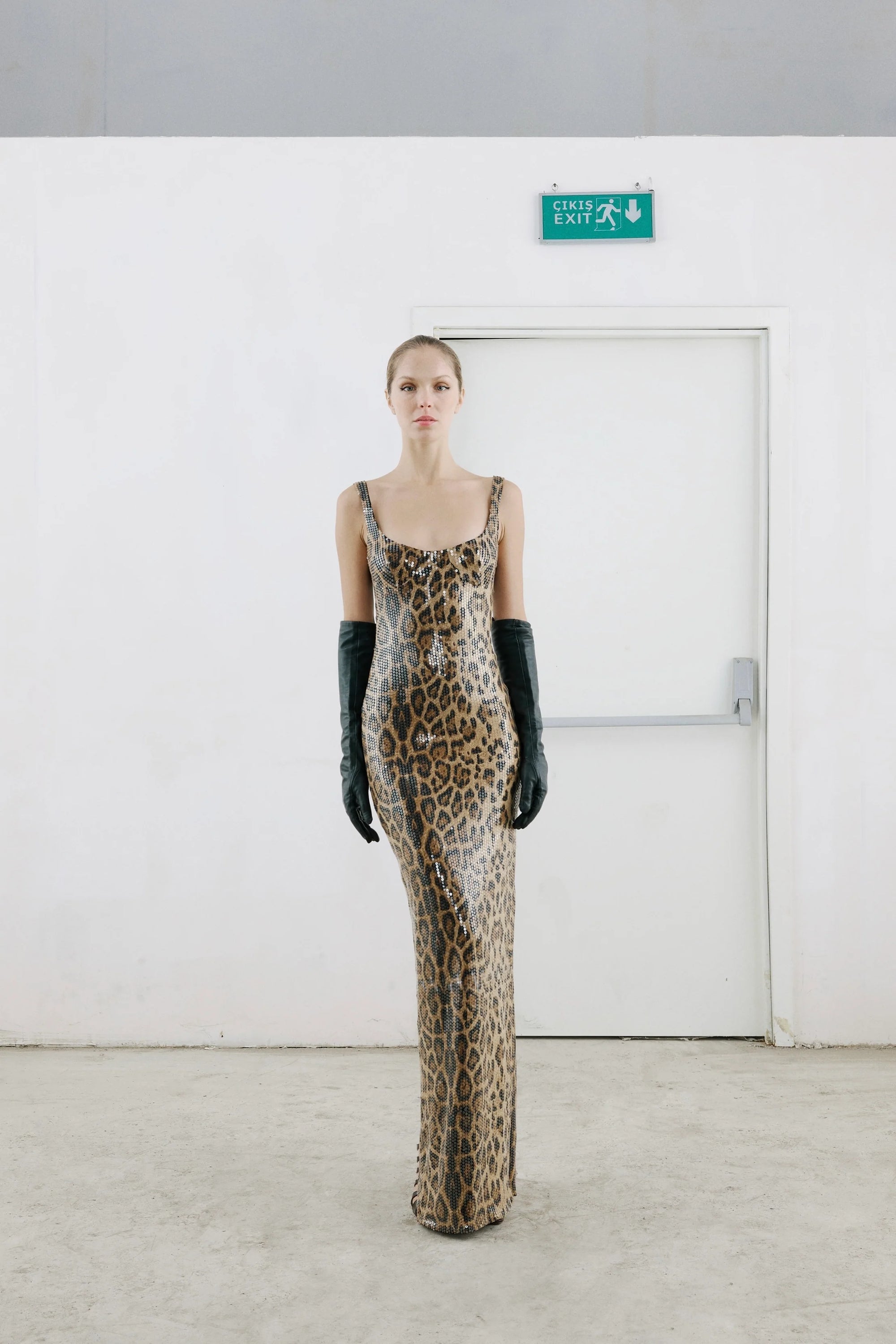 Two-Piece Sequin Leopard Spaghetti Strap Dress with Pullover Cape