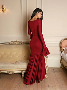 Square Neck Ruffle Long-Sleeve Asymmetrical Hem Maxi Dress